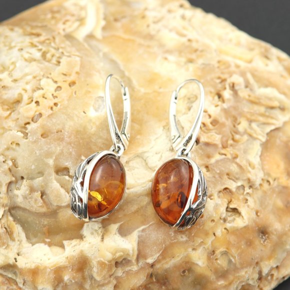 Sterling silver earrings with natural Baltic amber, amber drop earrings, dangle - Picture 5 of 14